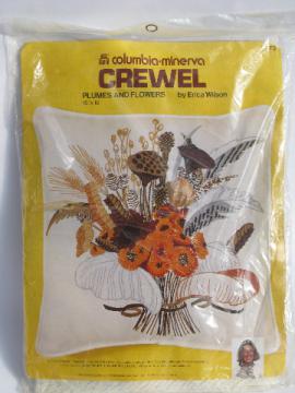 70s vintage crewel embroidery kit, earth tone yarns on linen fabric